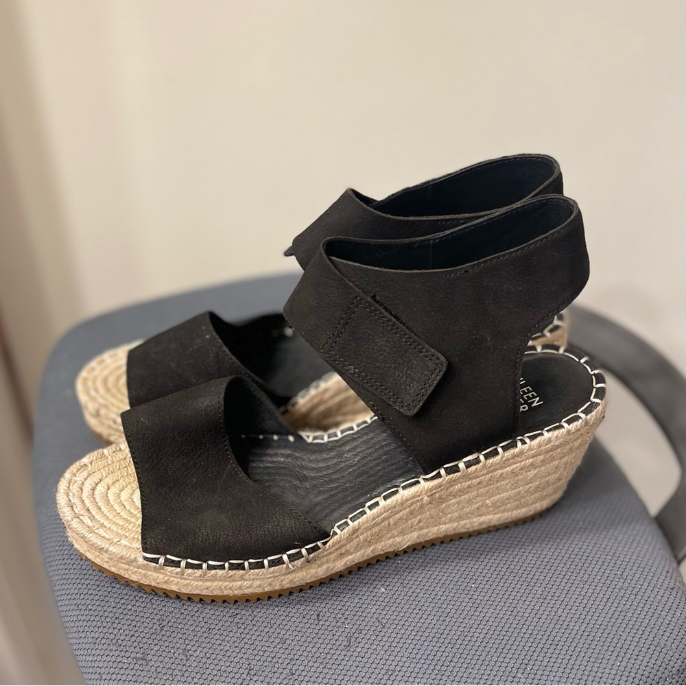 Eileen Fisher Black Wedge Leather Espadrille Sandals with Ankle Strap